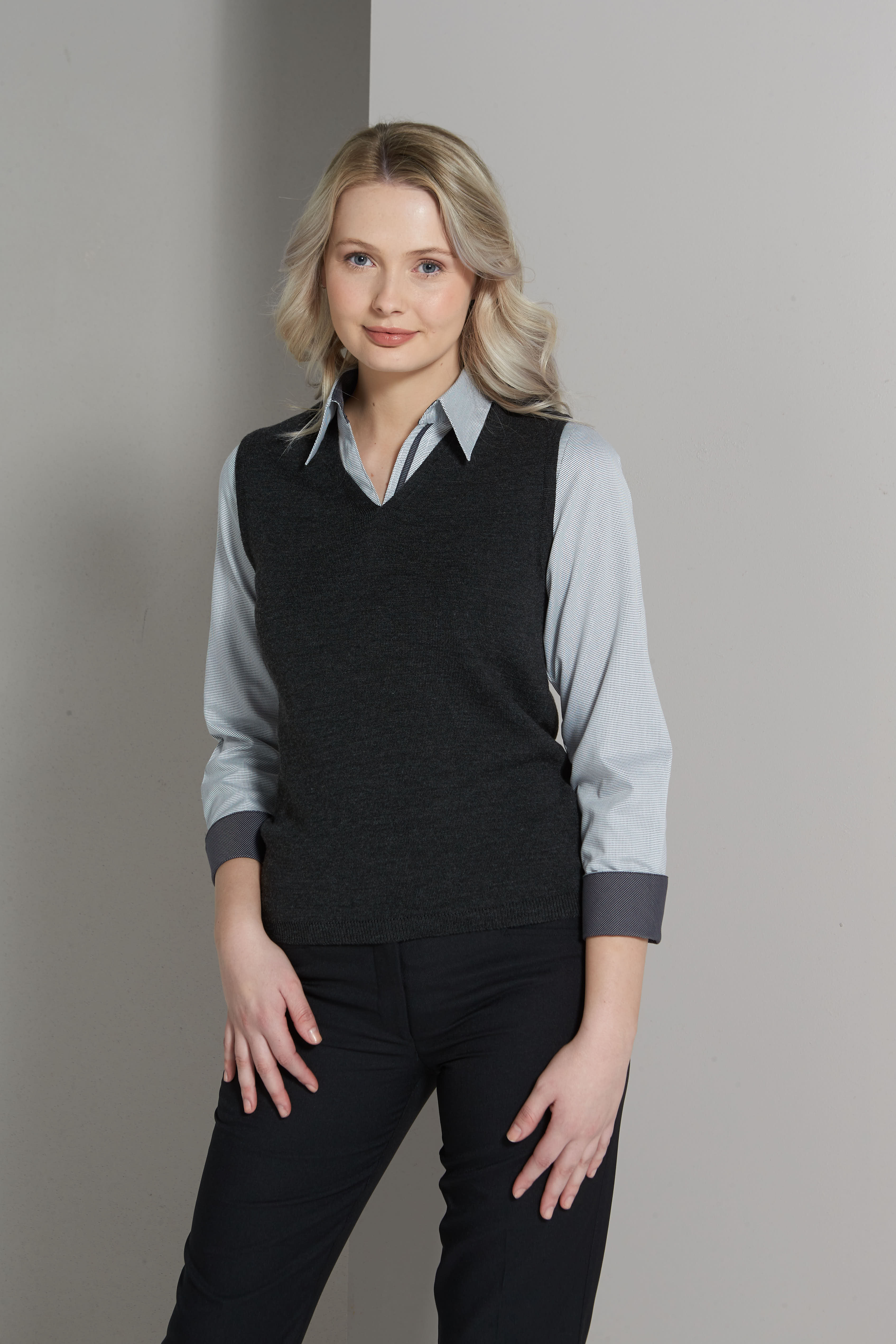 233L-NW-GRY Ladies long sleeve contrast trim shirt