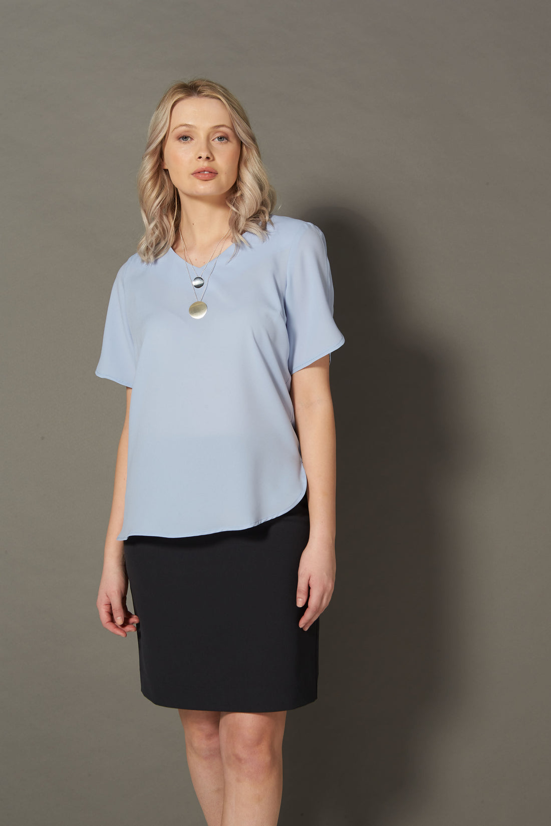 242-CR-SKY V-neck short sleeve soft drape shirt