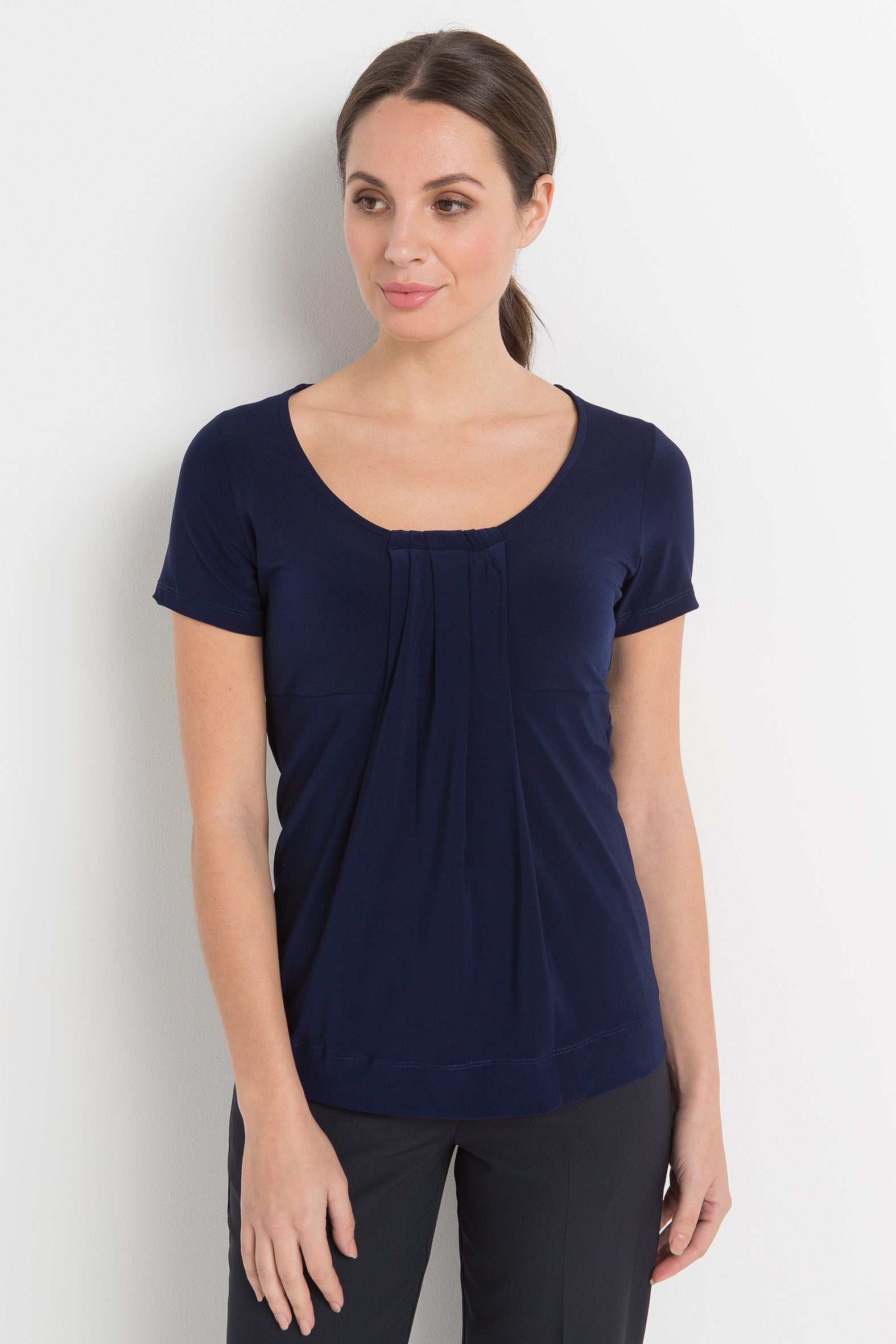 711-KN-NVY Round neck pleat front top