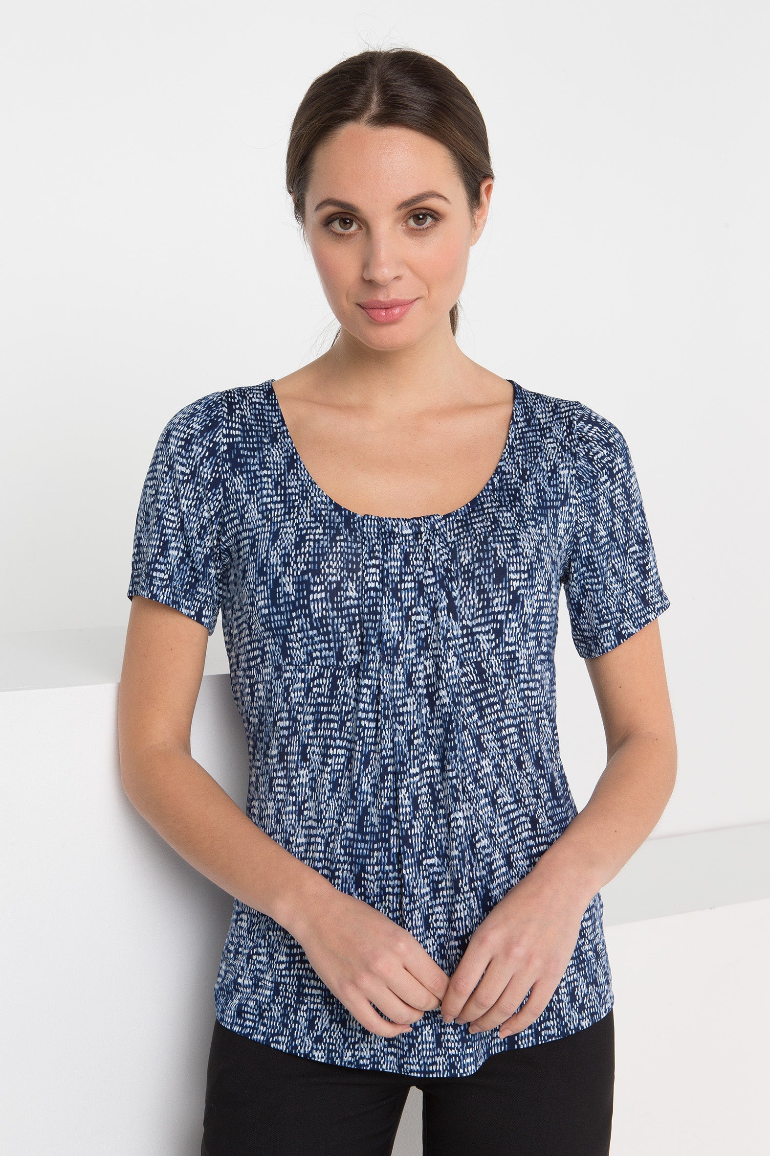 711-KN-P60 Round neck pleat front top