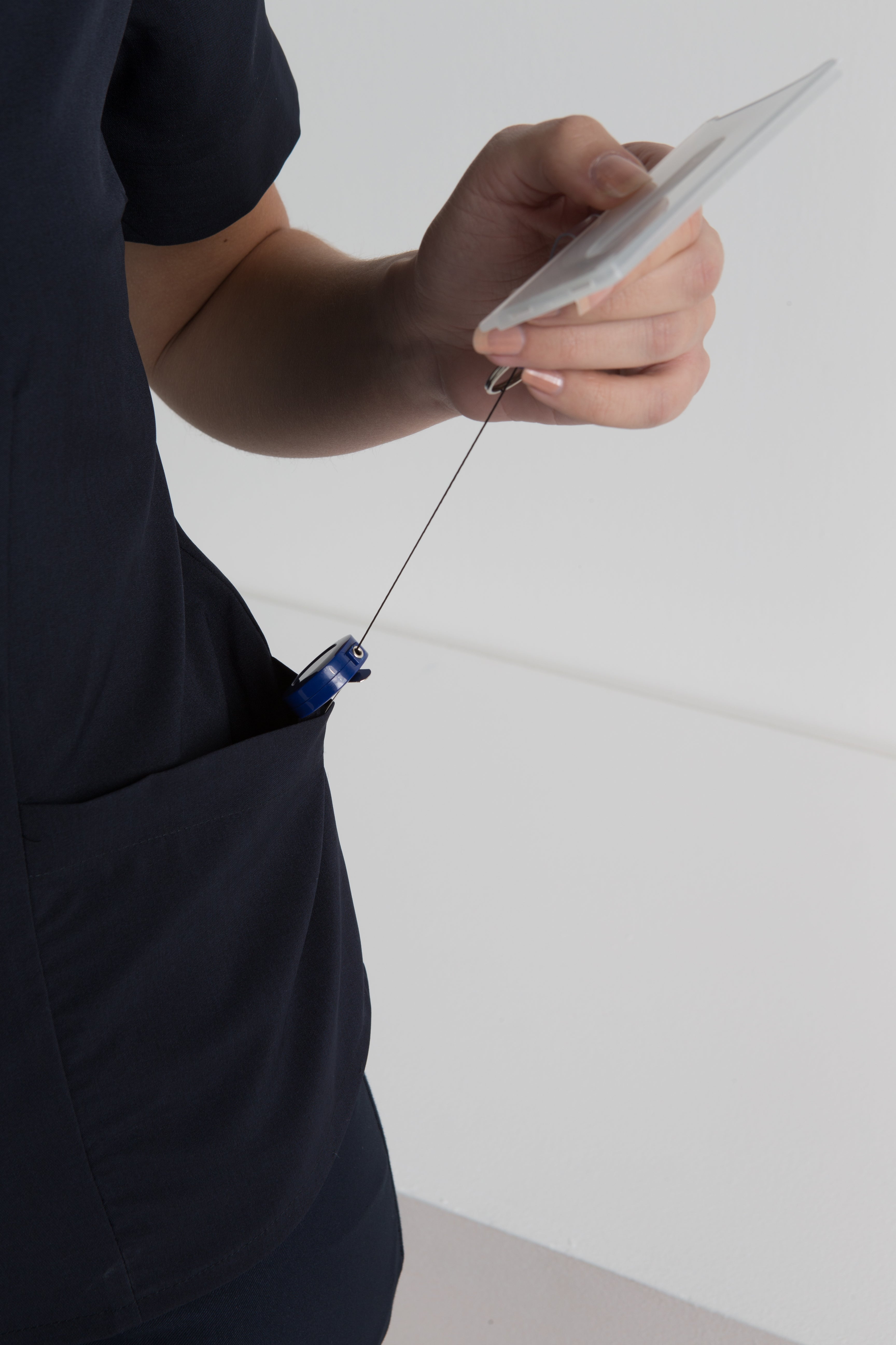 211-SF-NVY Short sleeve collarless tunic top with pockets