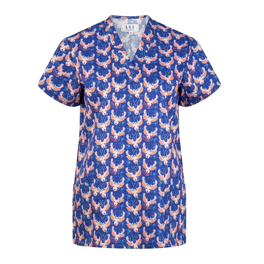 Christmas Scrub Top Reindeer Print
