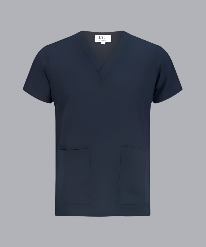 Unisex clinical stretch scrub top in Navy with 3 deep pockets at the front