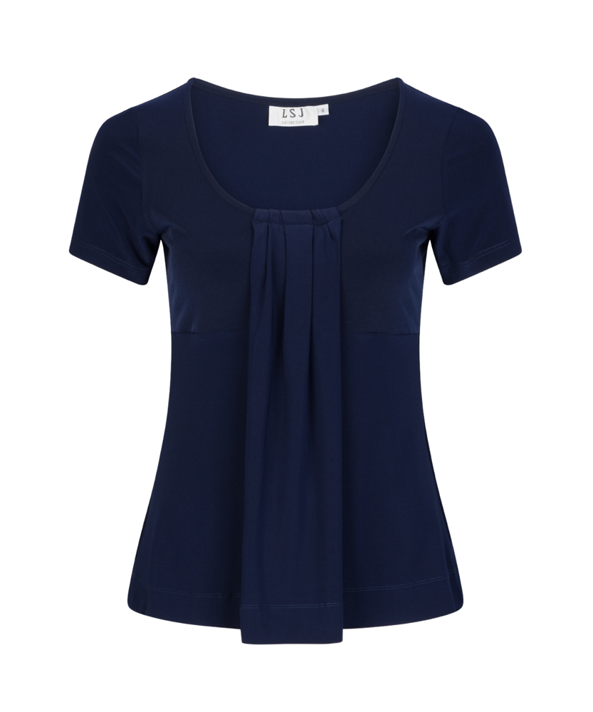 711-KN-NVY Round neck pleat front top