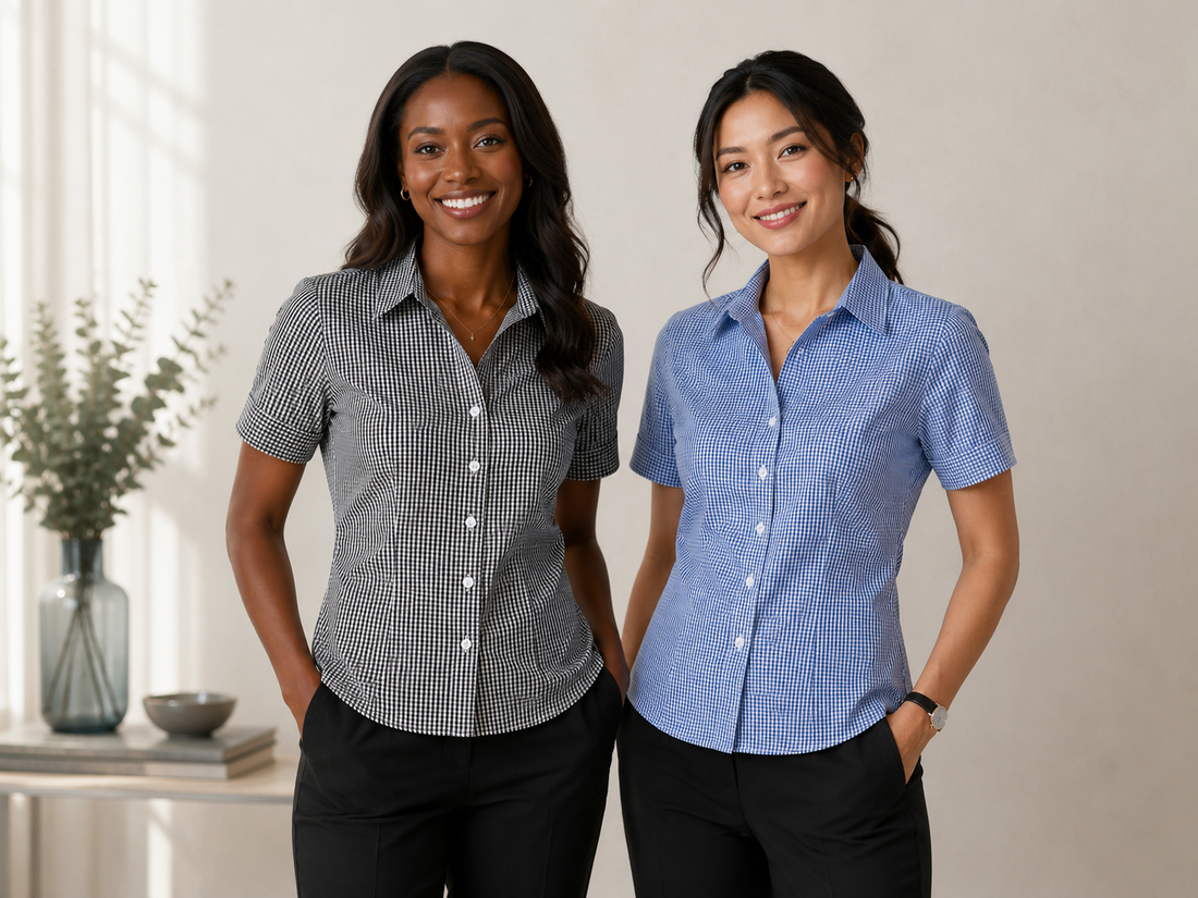 Women's semi-fitted, with contrast trim, S/S shirt