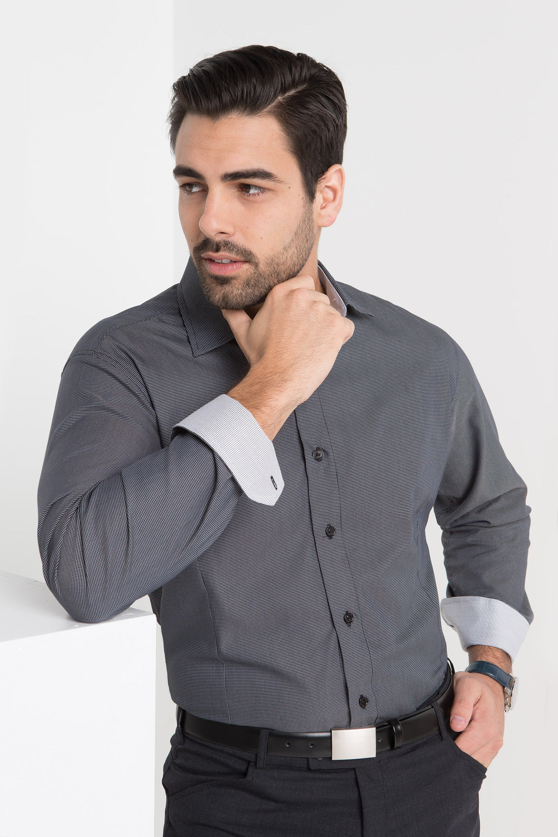 2024L-NW-BLK L/S Euro cut contrast contrast trim shirt