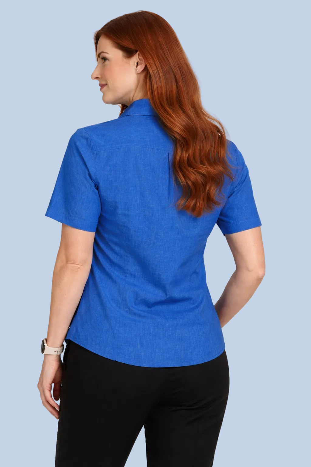 Woman wearing a blue shirt on a white background