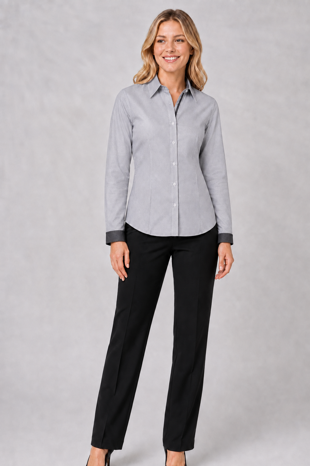 Women's semi fit with contrast collar, placket & cuff, L/S shirt