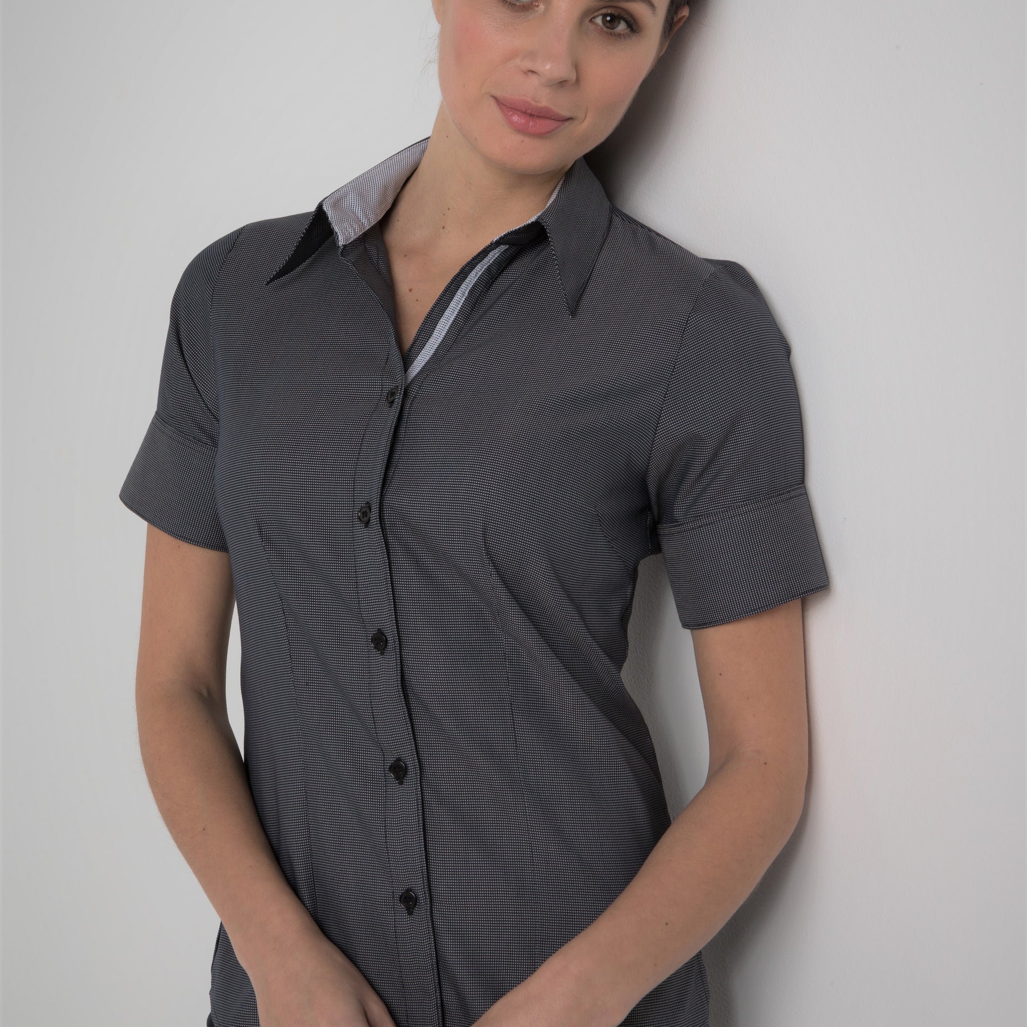 244-NW-BLK Ladies 1/2 sleeve contrast trim shirt