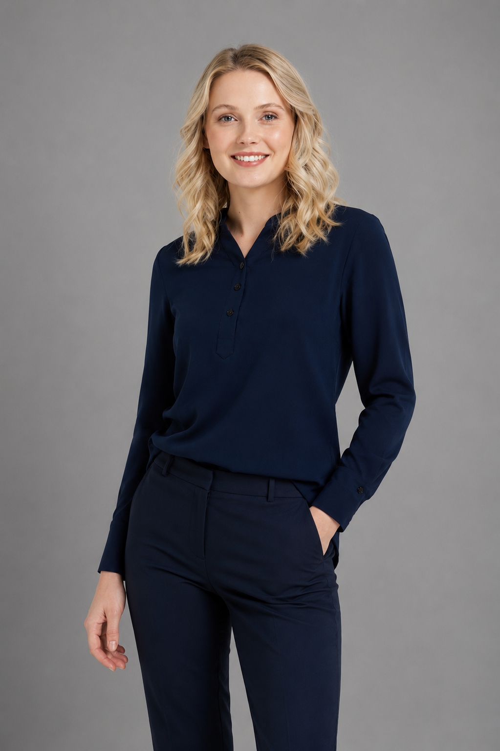 Women's L/S fold up mandarin soft drape shirt
