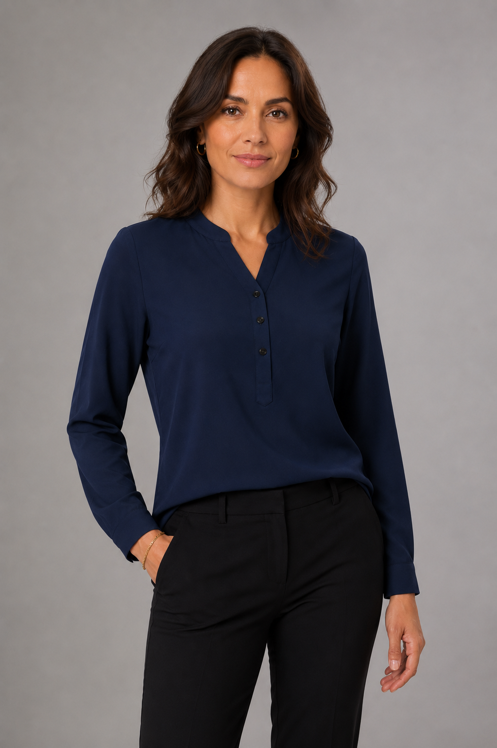 Women's L/S fold up mandarin soft drape shirt