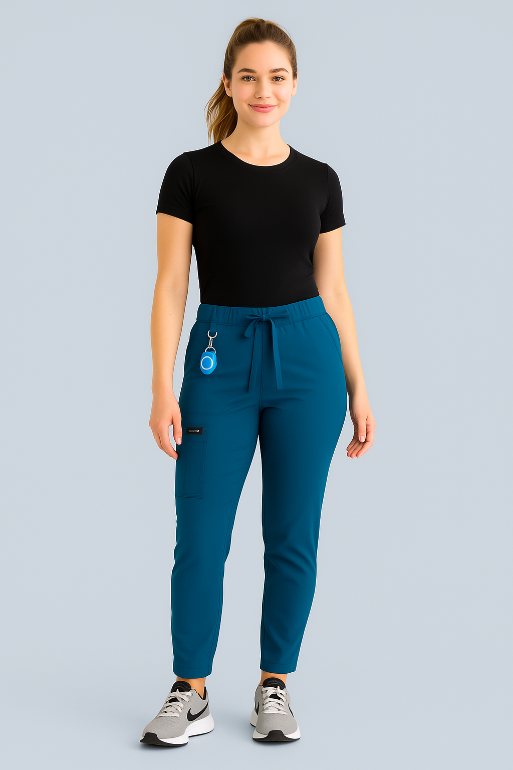A female model wearing Peacock Acti-Vent jogger scrub pants with a drawstring waist and a black top.