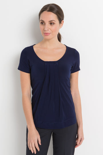 711-KN-NVY Round neck pleat front top