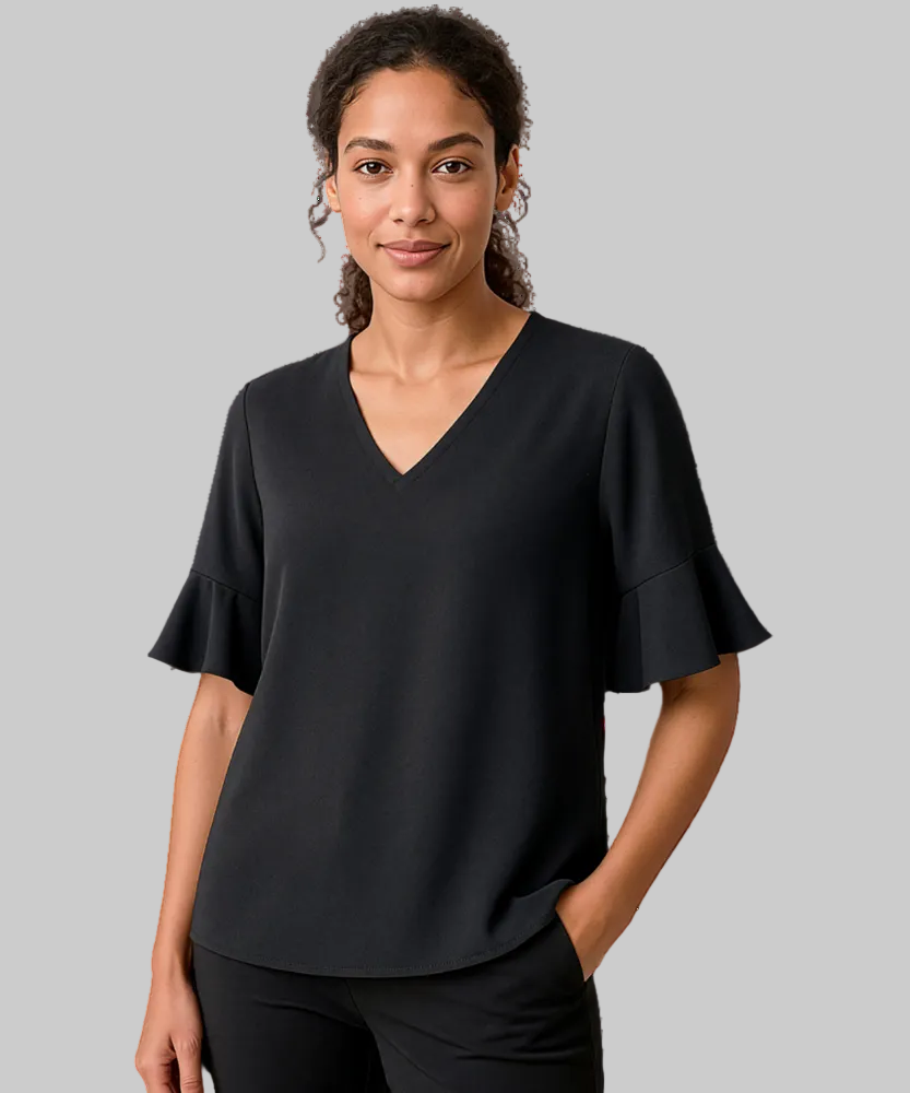 Woman wearing a black blouse on a white background