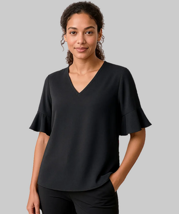 Woman wearing a black blouse on a white background