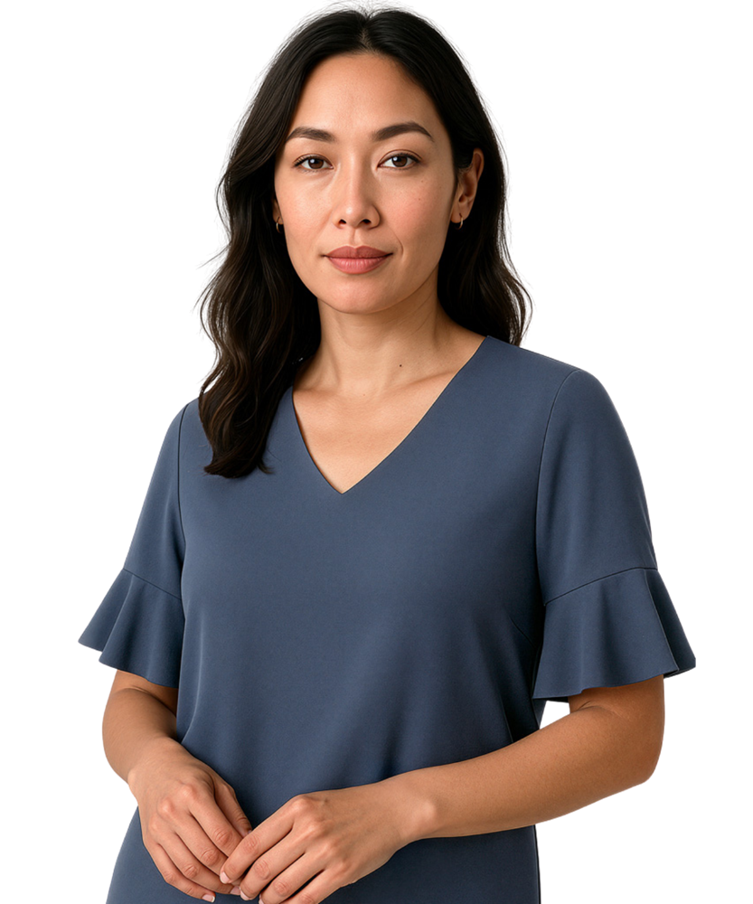 Woman wearing a blue blouse with ruffled sleeves on a white background