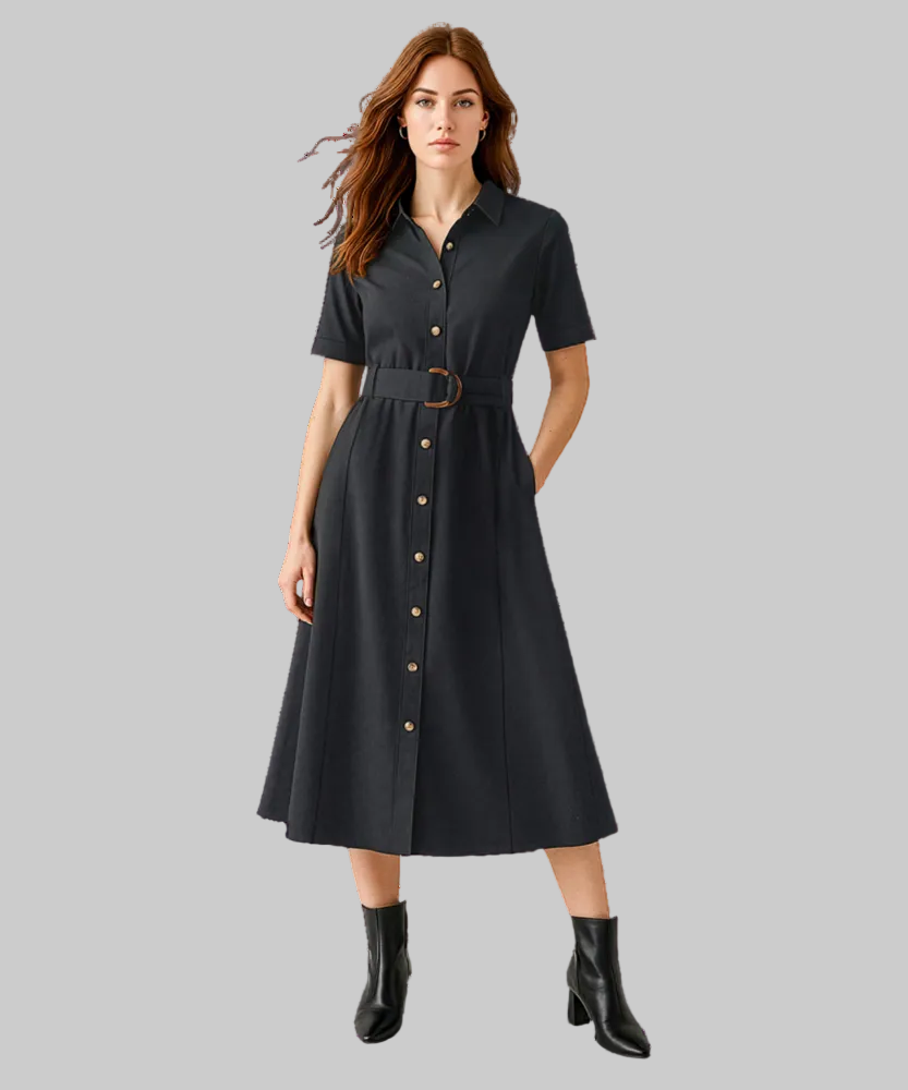 Woman wearing a black dress with a belt on a white background