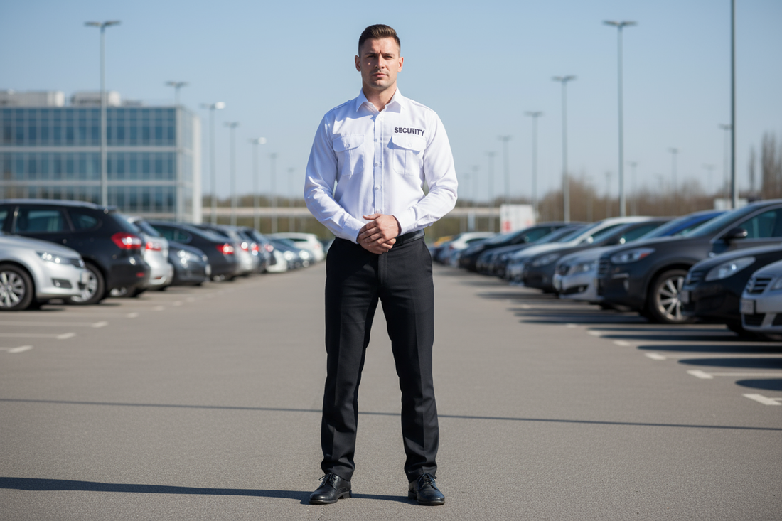a male security guard in a crisp white long sleeve shirt. writing on the right side chest above the pocket "SECURITY" in black letters. background is a carpark.