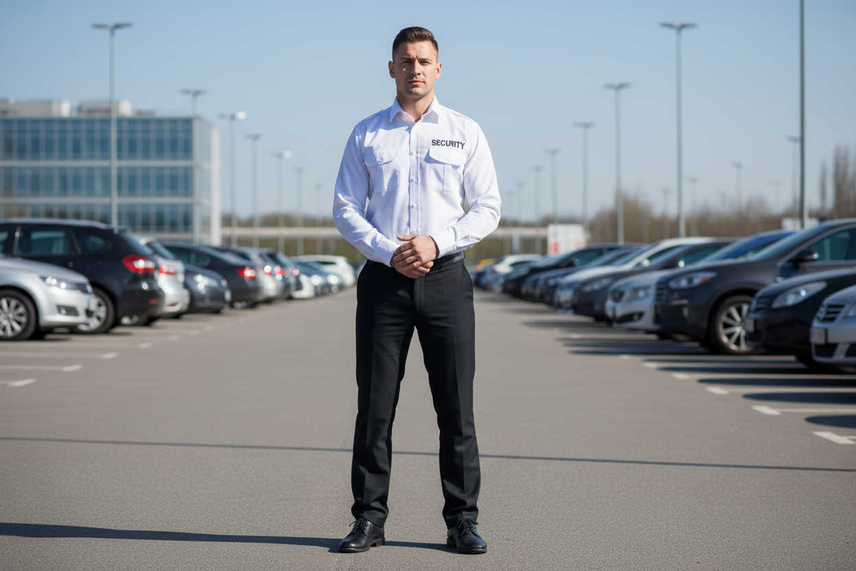 a male security guard in a crisp white long sleeve shirt. writing on the right side chest above the pocket "SECURITY" in black letters. background is a carpark.