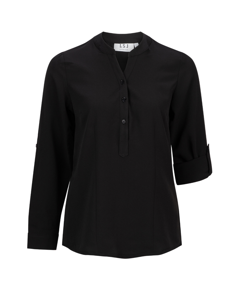245-CR-BLK L/S fold up mandarin soft drape shirt