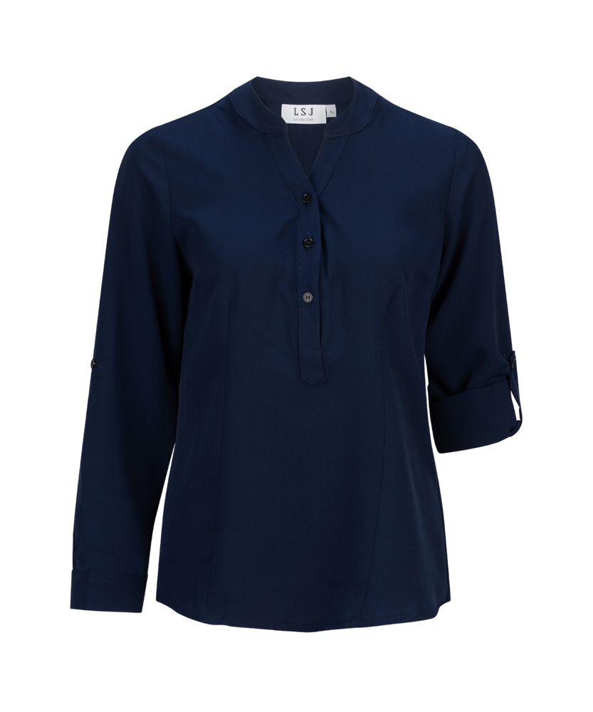 245-CR-NVY L/S fold up mandarin soft drape shirt