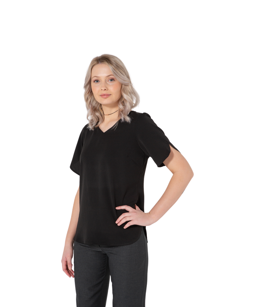 242-CR-BLK V-neck short sleeve soft drape shirt