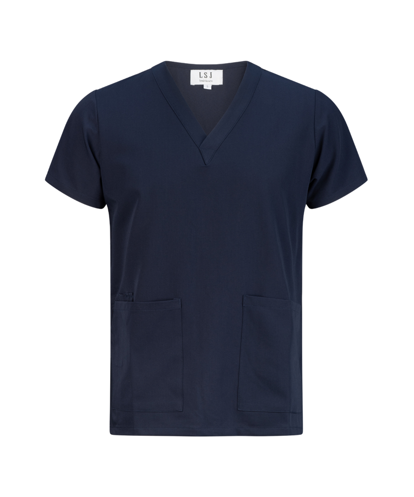 Unisex clinical stretch scrub top in Navy with 3 deep pockets at the front 