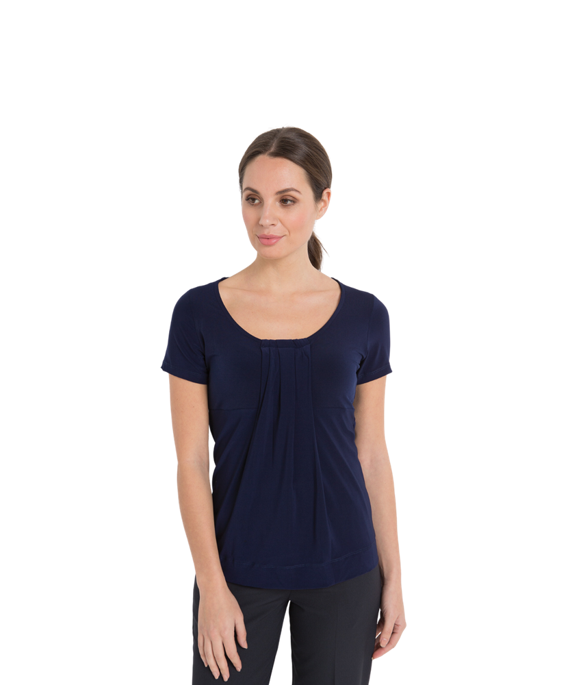 711-KN-NVY Round neck pleat front top